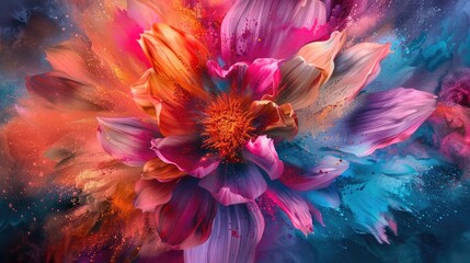 An abstract representation of a blooming flower with a mesmerizing explosion of colorful powder