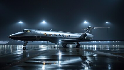 The aircraft's exterior gleams under the evenly distributed lighting, showcasing its aerodynamic design and cutting-edge technology.