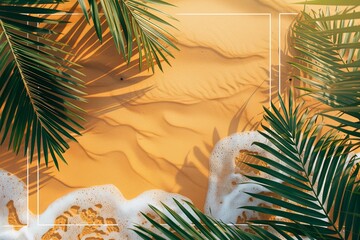 Sand with palm trees and tropical beach and sea background with design frame for creative advertising Summer holiday and travel concept. 