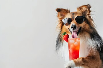 portrait of a sheltie dog wearing sunglasses and holding a glass of champagne in it's paw, space...