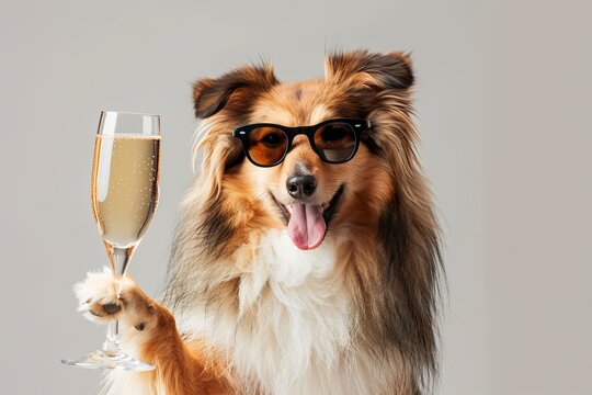 portrait of a sheltie dog wearing sunglasses and holding a glass of champagne in it's paw