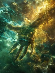 Fototapeta premium An ethereal entity formed from nebula clouds in shades of green and gold, reaching out with tendrillike arms across the cosmos.
