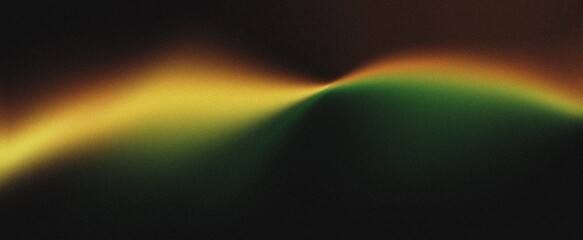 Dark blurry abstract gradient background green orange yellow black colors, grainy texture web banner header design copy space