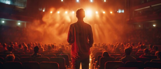 Entertainer stands on stage and begins performance. Software company founder, technology expert makes pitch, presentation speaker makes presentation. Cinematic back view.