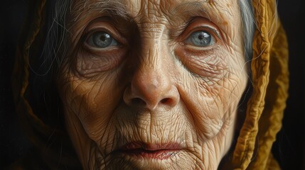 Hyperrealistic portrait of a deeply wrinkled elderly woman, her face telling a thousand stories, rendered in painstaking detail like an oil painting.