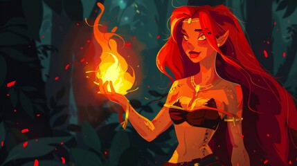 Cartoon illustration of magic woman, nymph admiring the blaze of wizard fire on hand. Beautiful witch is wearing a loincloth, top and gold jewelry, wrapped into long hair and admiring the magical