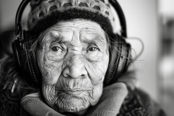 Elderly woman with headphones, grayscale