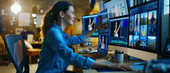 A creative young woman digital editor works on her computer with a large display, while a diverse team of young professionals is visible in the background.