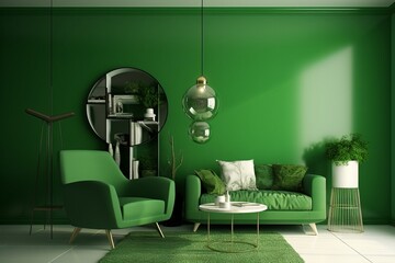 AI generated illustration of a vacant green living room with potted plants and chairs