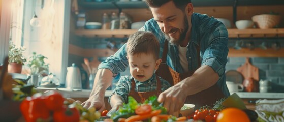 Fototapeta premium Cooking Healthy Dinner with Dad and Little Boy. Dad Teaches Little Boy Healthy Habits and How to Cut Vegetables for Salad. Happy Child and Parent Spend Time Together.