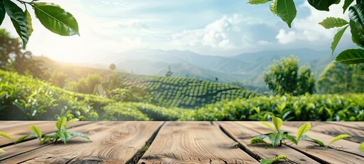 Round wooden table top with blurred tea plantation landscape against blue sky and blurred frame of green leaves Product display concept natural background. 