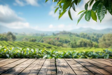 Round wooden table top with blurred tea plantation landscape against blue sky and blurred frame of green leaves Product display concept natural background. 