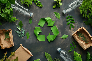 Eco concept with recycling symbol on dark marble table background.Top view.