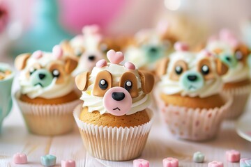 cupcakes with kawaii dog faces, very cute, dog birthday celebration