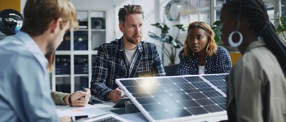 The charismatic team leader shows a solar panel to a diverse group of talented young developers, they begin discussing it at the conference table. Creative people in a stylish office environment.