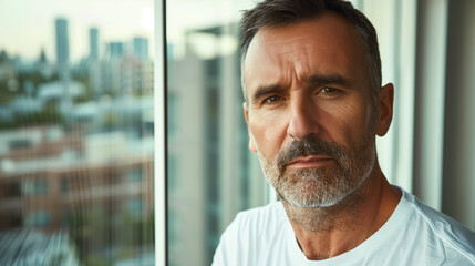 Obraz premium Confident Middle-Aged Businessman by Modern Office Window - Professional Leadership in White T-Shirt