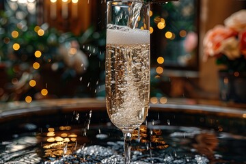 Dynamic image of champagne fizzing in a glass with a reflected bokeh backdrop - Powered by Adobe
