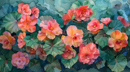 Wax Begonia Blooms wallpaper, in watercolor style, showcases clusters of pink, red, and white flowers, exuding old-fashioned charm and sweet fragrance.