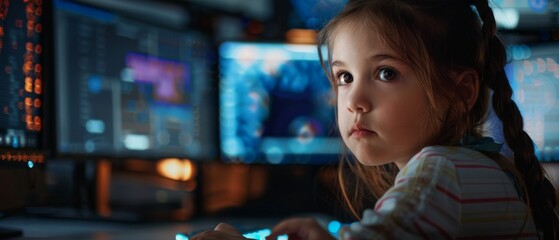 A cute little girl uses a personal computer as she learns programming language for software coding. Schoolchildren Are Getting Modern Education. Over the Shoulder View.