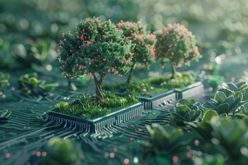 Microchip da cui fuoriescono alberi simbolici, concetto connessione tra sostenibilità ambientale e industria tecnologica