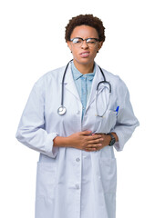 Young african american doctor woman wearing medical coat over isolated background with hand on stomach because indigestion, painful illness feeling unwell. Ache concept.