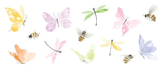 Set of insects garden elements vector. Collection of dragonfly, bee and butterfly colorful. Watercolor insects illustration design for logo, wedding, invitation, decor, print, card.