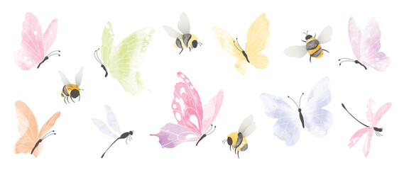 Fototapeta premium Set of insects garden elements vector. Collection of dragonfly, bee and butterfly colorful. Watercolor insects illustration design for logo, wedding, invitation, decor, print, card.
