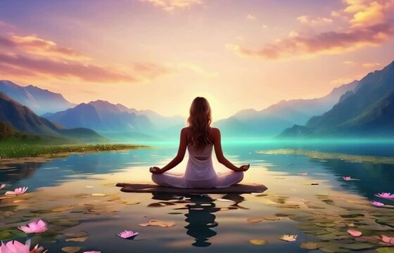 Yoga in the lotus position, female meditation over the lake, a woman doing spiritual yoga on water in front of a mountain in a natural setting Generative AI
