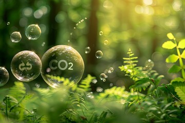 Reduce CO2 emissions to limit climate change and global warming. Text Co2 in bubbles with forest carbon dioxide molecules. Low greenhouse gases, decarbonization, net zero carbon emissions