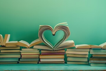 Heart Shape Made with Pages of Books Stacked on Table
