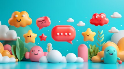 A vibrant, detailed 3D render featuring a smiling cloud, playful stars, and whimsical shapes on a blue background It's a cheerful scene invoking positivity and creativity