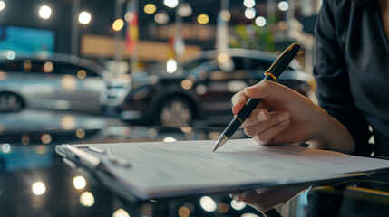 Fototapeta premium Close-Up Portrait of Woman Signing Papers at Luxury Car Dealership - Buying New Automobile in Showroom