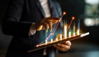 Un imprenditore visionario, immerso nel mondo digitale, analizza i dati di vendita e i grafici della crescita economica sul suo tablet. Sfrutta la tecnologia e la connettivit&agrave; globale per comprendere 