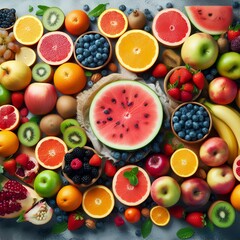 Top view of various colorful fresh fruit on a table. Healthy assorted food, Healthy lifestyle. Natural juicy Fruit background.