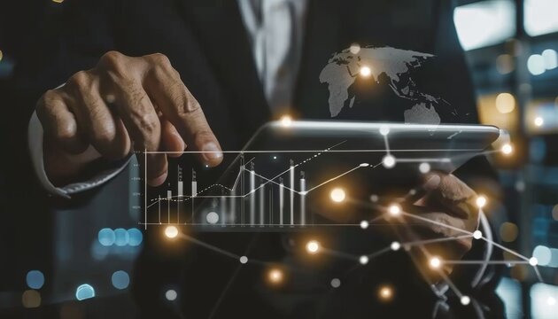 Uomo d'affari che utilizza il tablet analizzando i dati di vendita e il grafico della crescita economica. Tecnologia e la connettivit&agrave; globale per sviluppare strategie di marketing innovative.