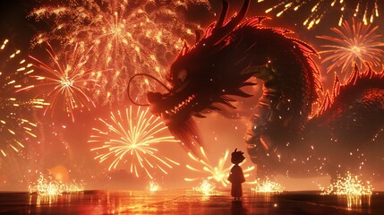 dragon and a child, fireworks background