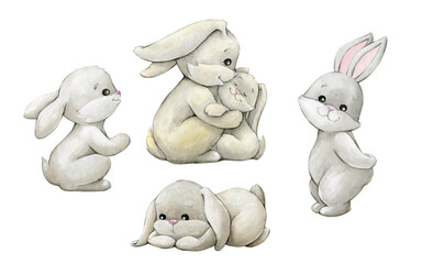 Bunnies, watercolor animals set