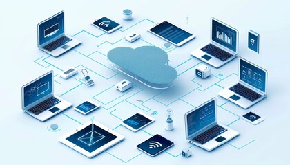 cloud con un insieme di dispositivi, smartphone, tablet, laptop ad esso collegati, presentando l'interconnessione tra i dispositivi elaborati dal cloud