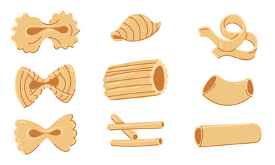 A set with various shapes of pasta. A collection of vector illustrations, suitable for the visual design of Italian cuisine. Design and culinary projects. Several types of pasta in a row on white