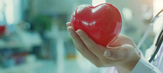 Red heart, love, shape, exercise ball on hand with doctor's stethoscope on hospital background: Hospital life insurance concept: World Heart Health Day. Doctor's Day