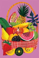 A captivating image showcasing assorted fruits in a basket with a pop art flair on a warm pink background