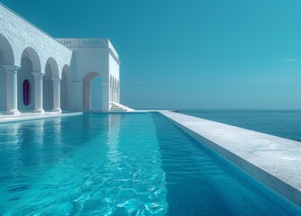 A contemporary pool by a serene blue water body alongside a villa with classical architectural elements, under a clear sky