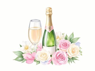 Watercolor painting of champagne bottle and glasses with roses on white background. Illustration for design, wedding invitation, greeting card, template, wallpaper, background