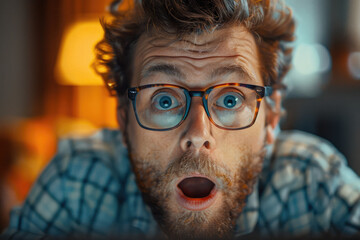 A man with glasses looking surprised at a computer screen, wide-eyed shocked expression, portrait of man's surprised face, expressive surprise