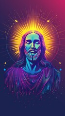 Jesuss face depicted in a vivid array of neon colors, radiating with spiritual energy