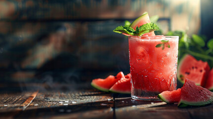 Glass of cold watermelon fresh on table against dark white