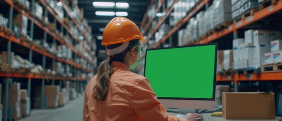 An experienced female worker wearing a hard hat uses a computer with a green chroma screen mock-up in a retail warehouse full of shelves with items for sale. Distribution logistics center.