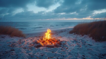 beach bonfire, cape cod, dusk time after sunset