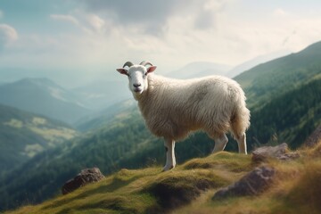 Fototapeta premium White Sheep Enjoying Mountain Pastures