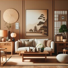Home minimal interior design living room with Asia antique culture Chinese or Japan style, decorate with clean home furniture, and warm tone background.
